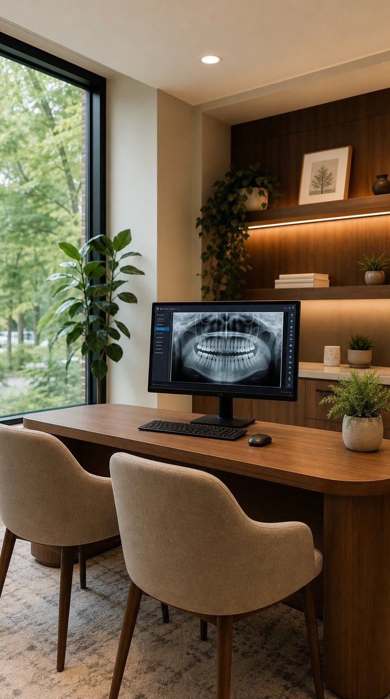 Bureau de consultation avec radiographie dentaire affichée à l’écran