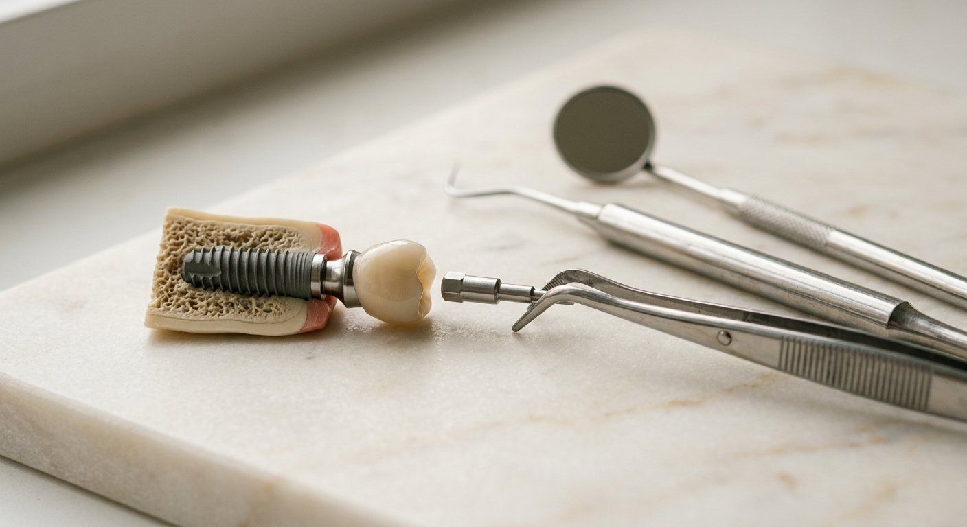 Gros plan d'un modèle d'implant dentaire avec instruments cliniques