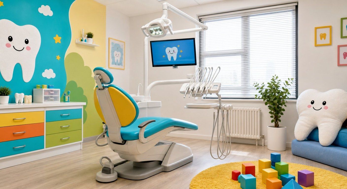 Enfant souriant dans un fauteuil dentaire adapté aux enfants